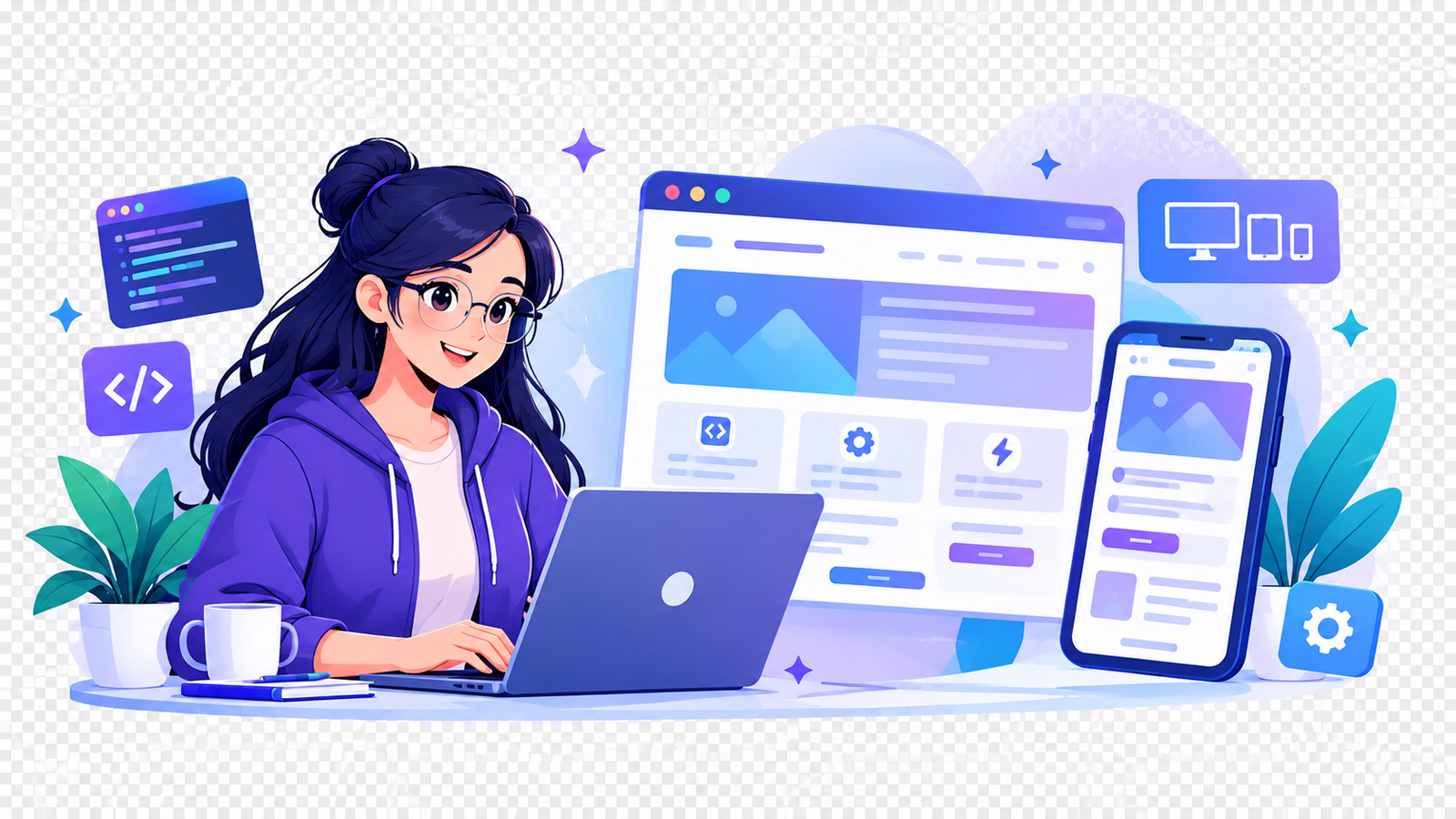 Illustrated web developer creating a responsive website for desktop and mobile